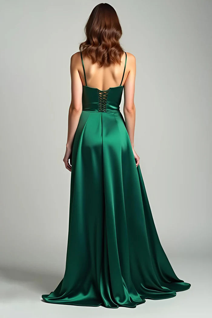 Robe de bal Weitese vert foncé en satin à bretelles spaghetti et lacets